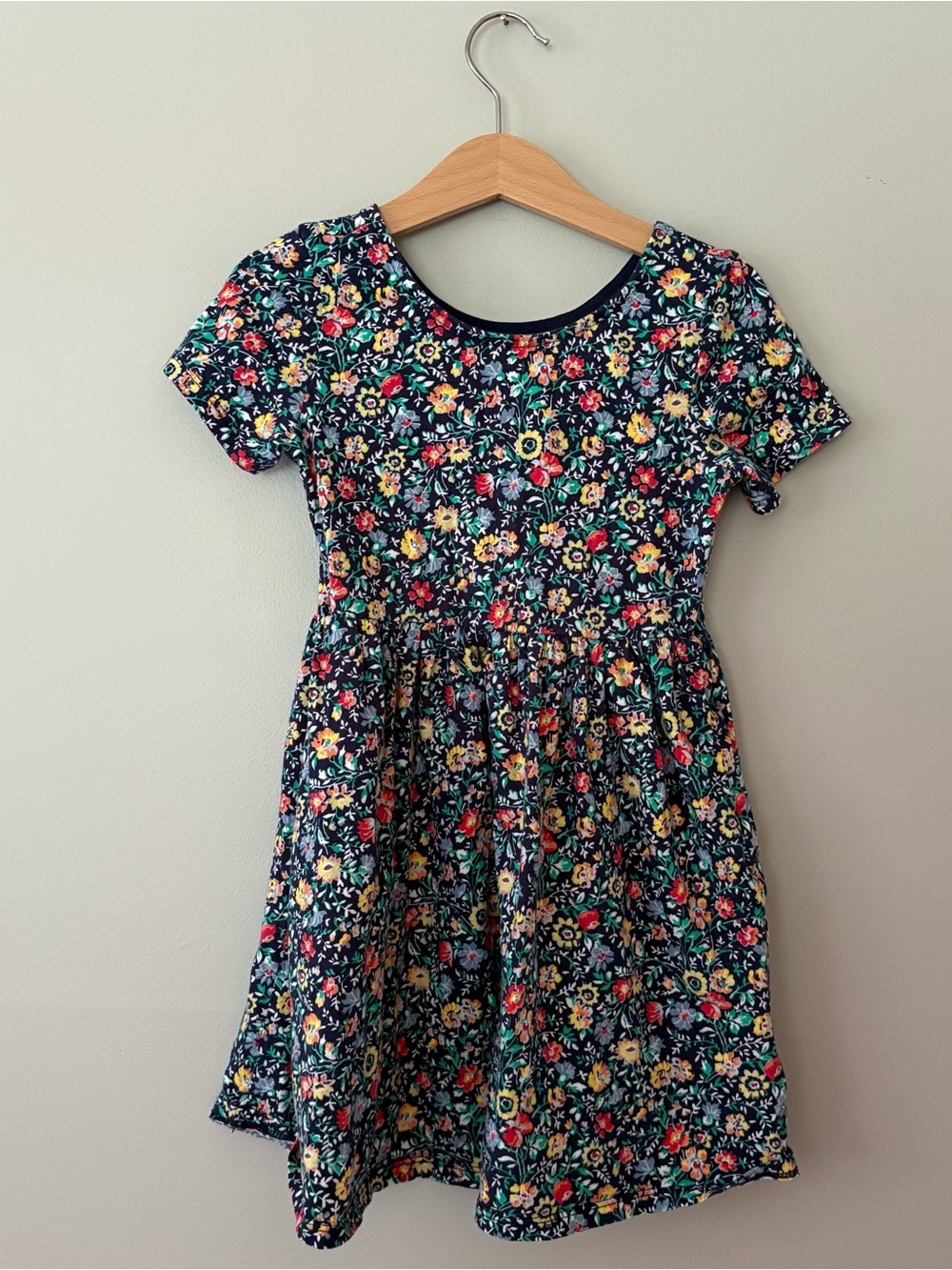 Lands' End Navy Floral Short-Sleeve Gathered Dress